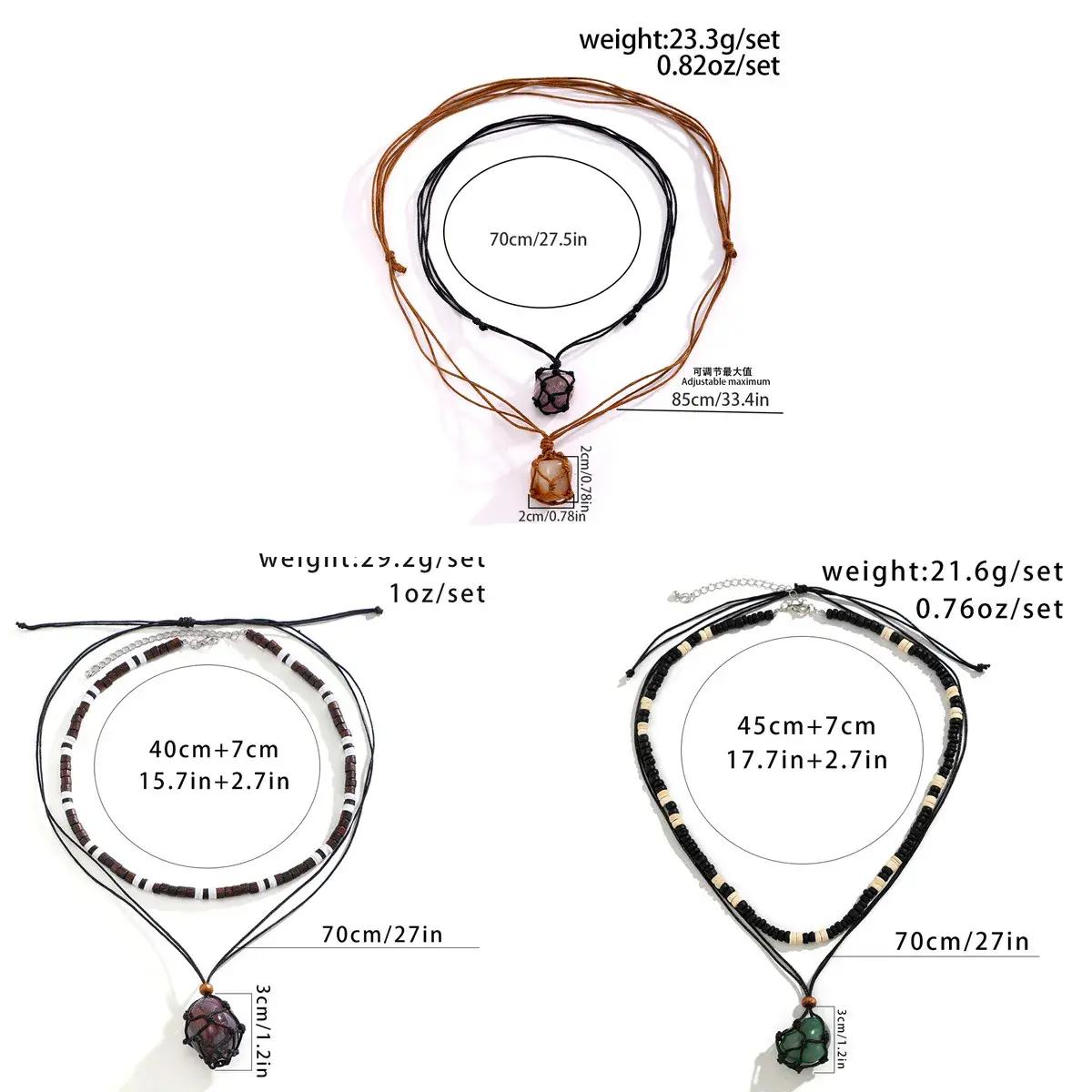 2Pcs/Set Wooden Beads Chain Irregular Stone Pendant Choker Necklace Women Vintage Adjustable Rope Chain Jewelry Accessories