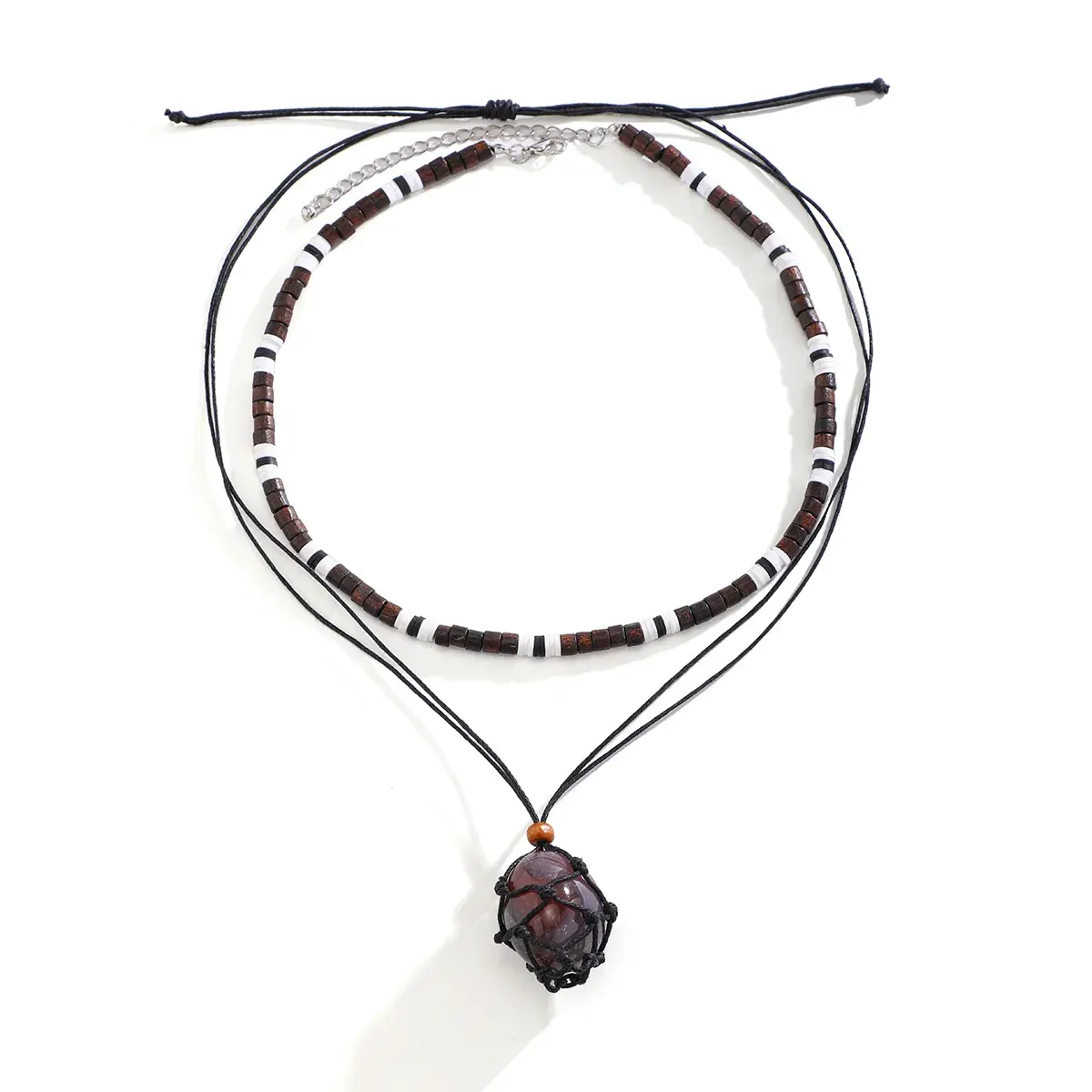 2Pcs/Set Wooden Beads Chain Irregular Stone Pendant Choker Necklace Women Vintage Adjustable Rope Chain Jewelry Accessories