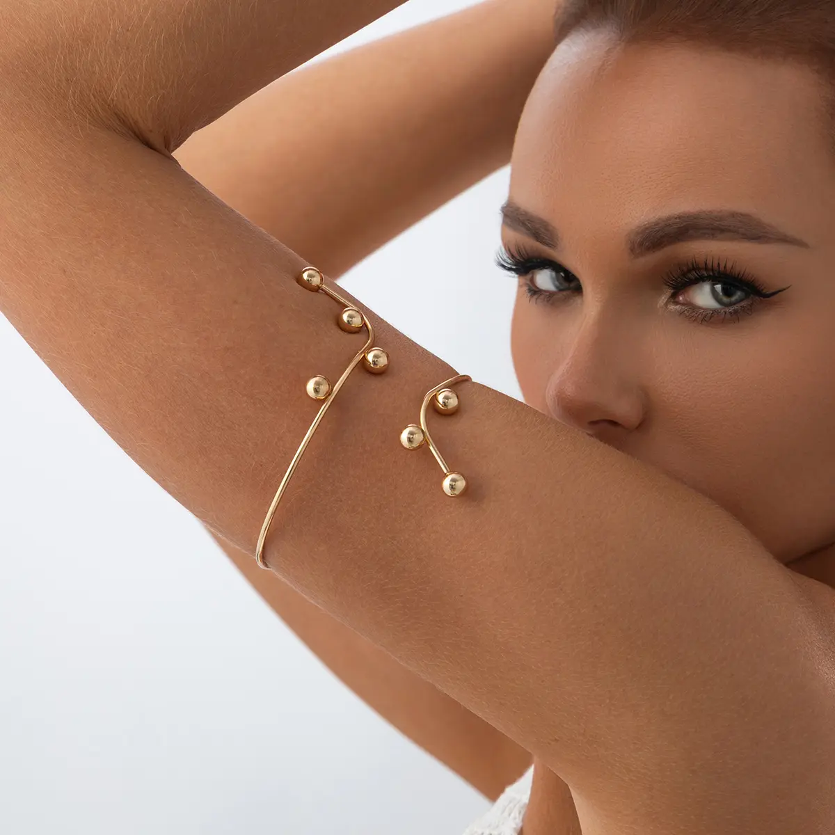 Ingemark Minimalism Beads Upper Open Arm Bracelet for Women New Trend Vintage Geometric Gold Color Adjustable Bangles Jewelry