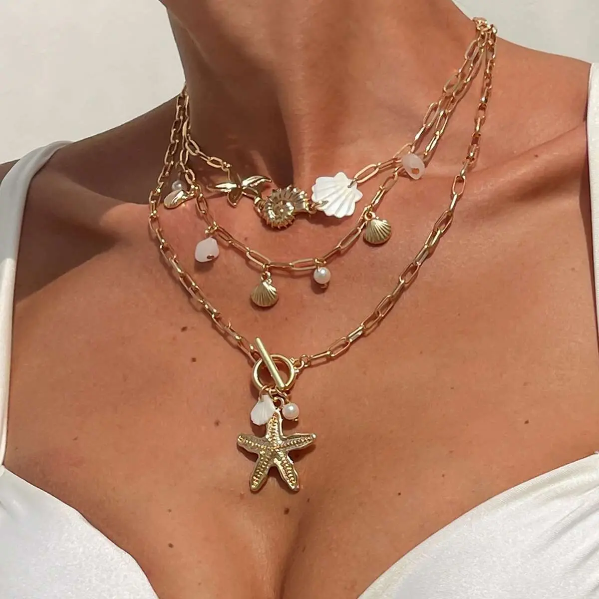 Ingemark 3Pcs/Set Boho Metal Starfish Conch Pendant Choker Necklace for Women 2025 Trend Summer Clavicle Chain Aesthetic Jewelry