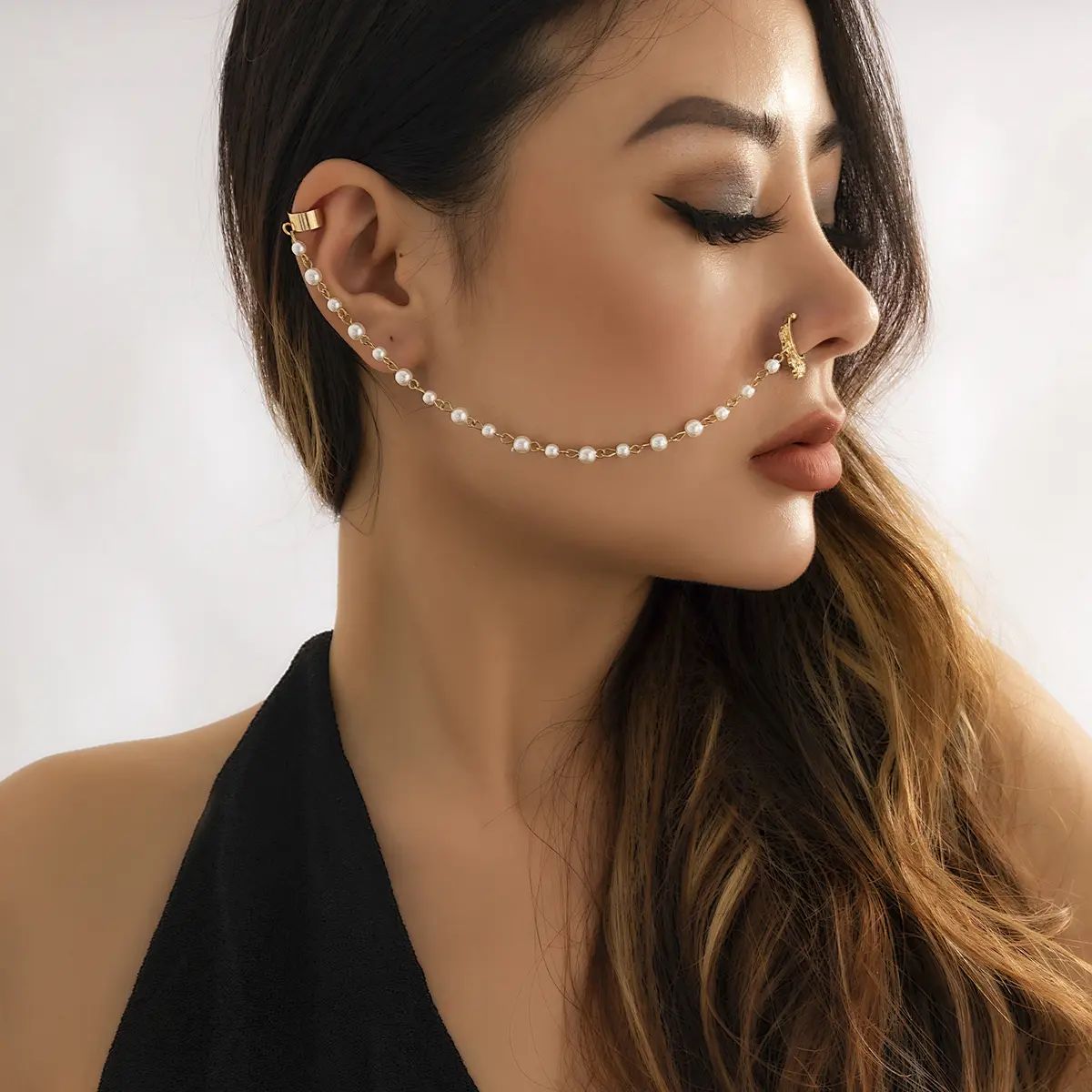 Fashion Imitation Pearl Nose Clip Ring With Earring for Women No Nostril Piercing Body Chain Jewelry Party Dancer Accessories