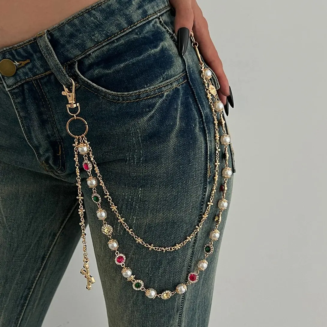 Ingemark Exquisite Luxury Imitation Pearl Acrylic Rhinestone Pants Chain Women Punk HipHop Cross Pendant Jeans Chain Men Jewelry