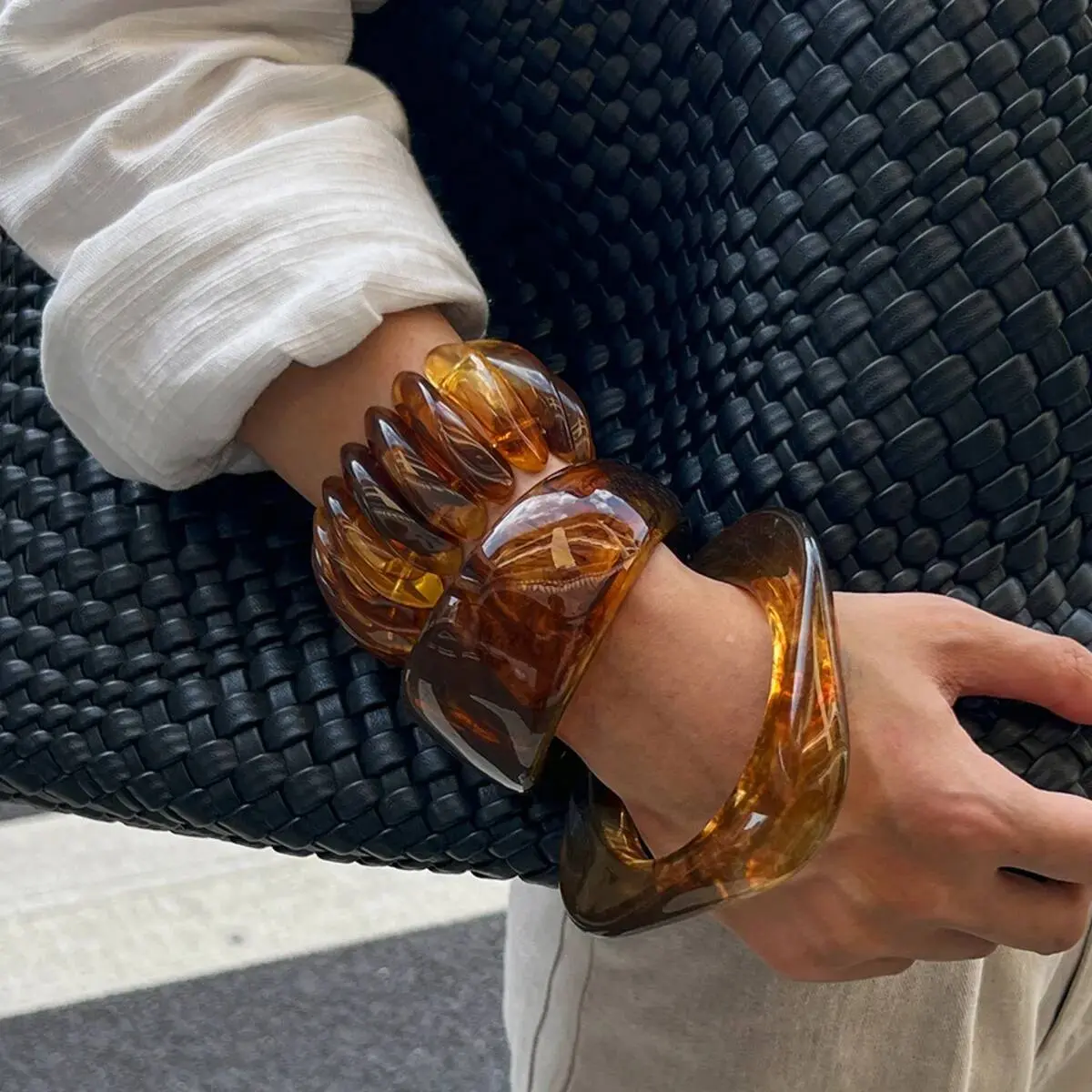 Ingemark 3 Styles Ethnic Brown Resin Acrylic Bangles for Women New Trend Vintage Irregular Geometric Wide Bracelet Charm Jewelry