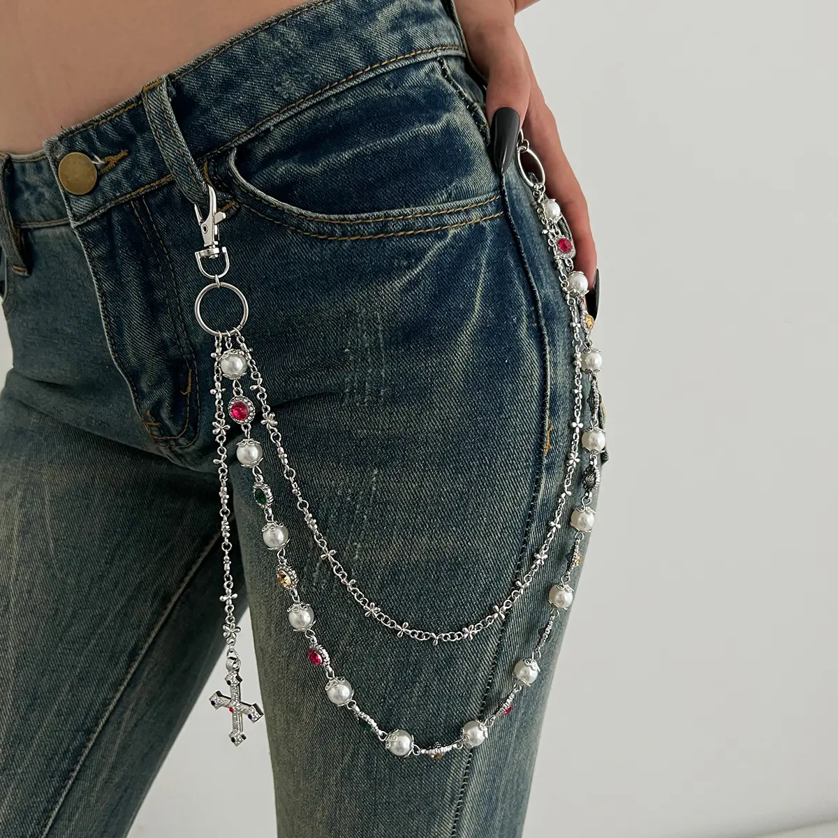 Ingemark Exquisite Luxury Imitation Pearl Acrylic Rhinestone Pants Chain Women Punk HipHop Cross Pendant Jeans Chain Men Jewelry