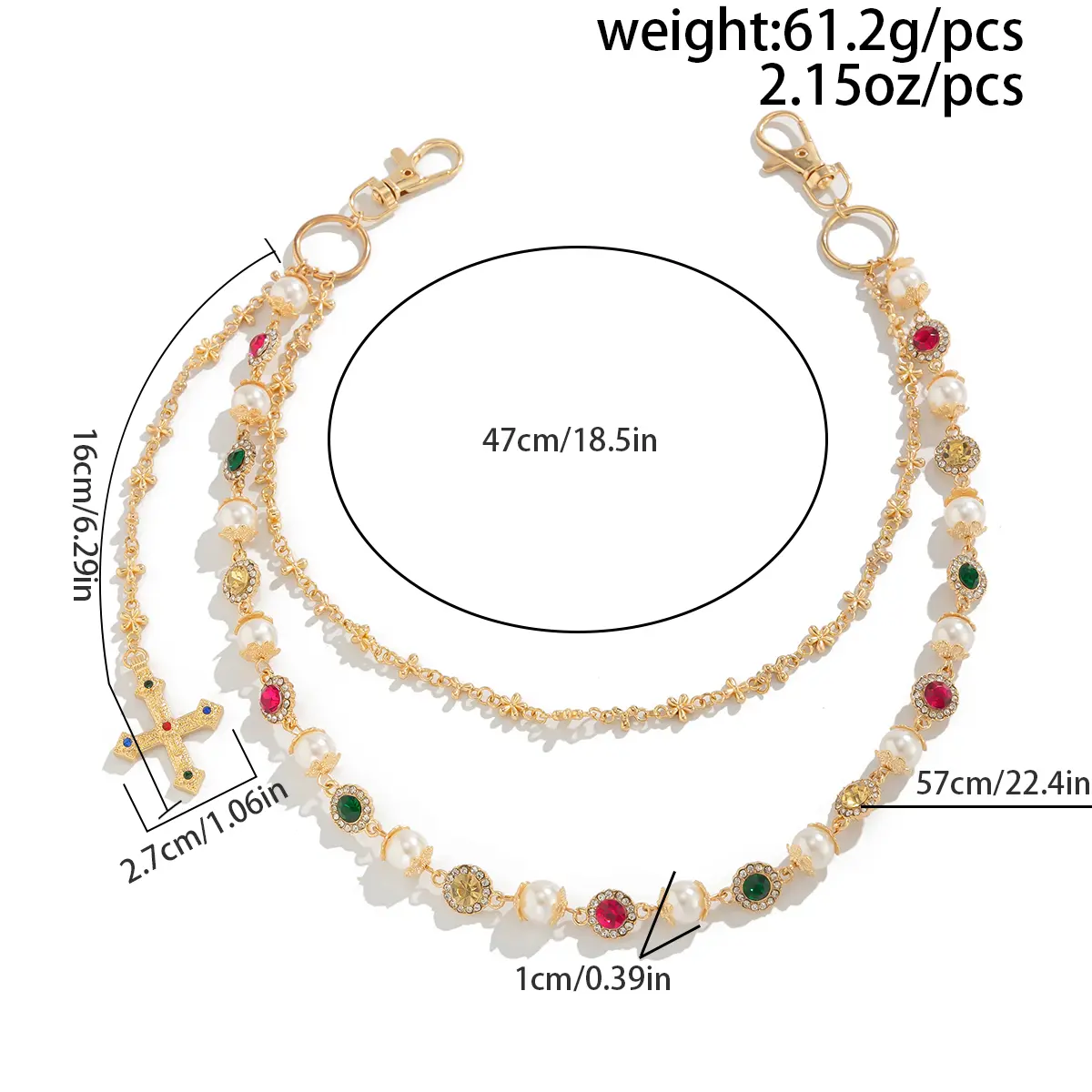 Ingemark Exquisite Luxury Imitation Pearl Acrylic Rhinestone Pants Chain Women Punk HipHop Cross Pendant Jeans Chain Men Jewelry