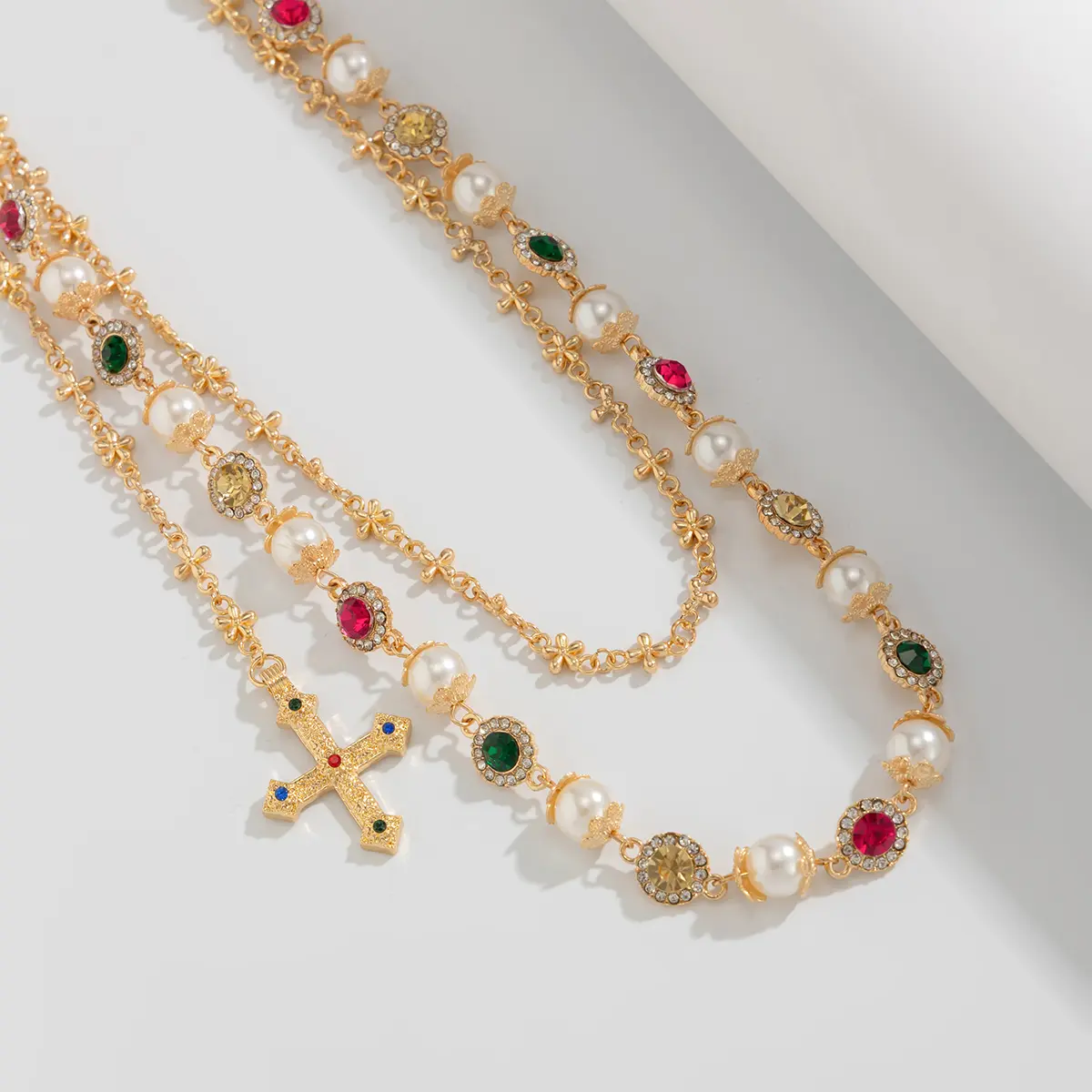 Ingemark Exquisite Luxury Imitation Pearl Acrylic Rhinestone Pants Chain Women Punk HipHop Cross Pendant Jeans Chain Men Jewelry