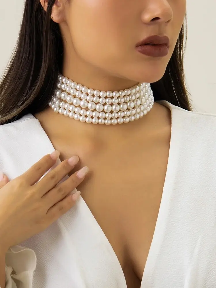 Vintage Imitation Pearl Multi-Layer Necklace Oval Beasds Choker Elegant Collar for Women's Chain Jewelry Accessories Party Gift