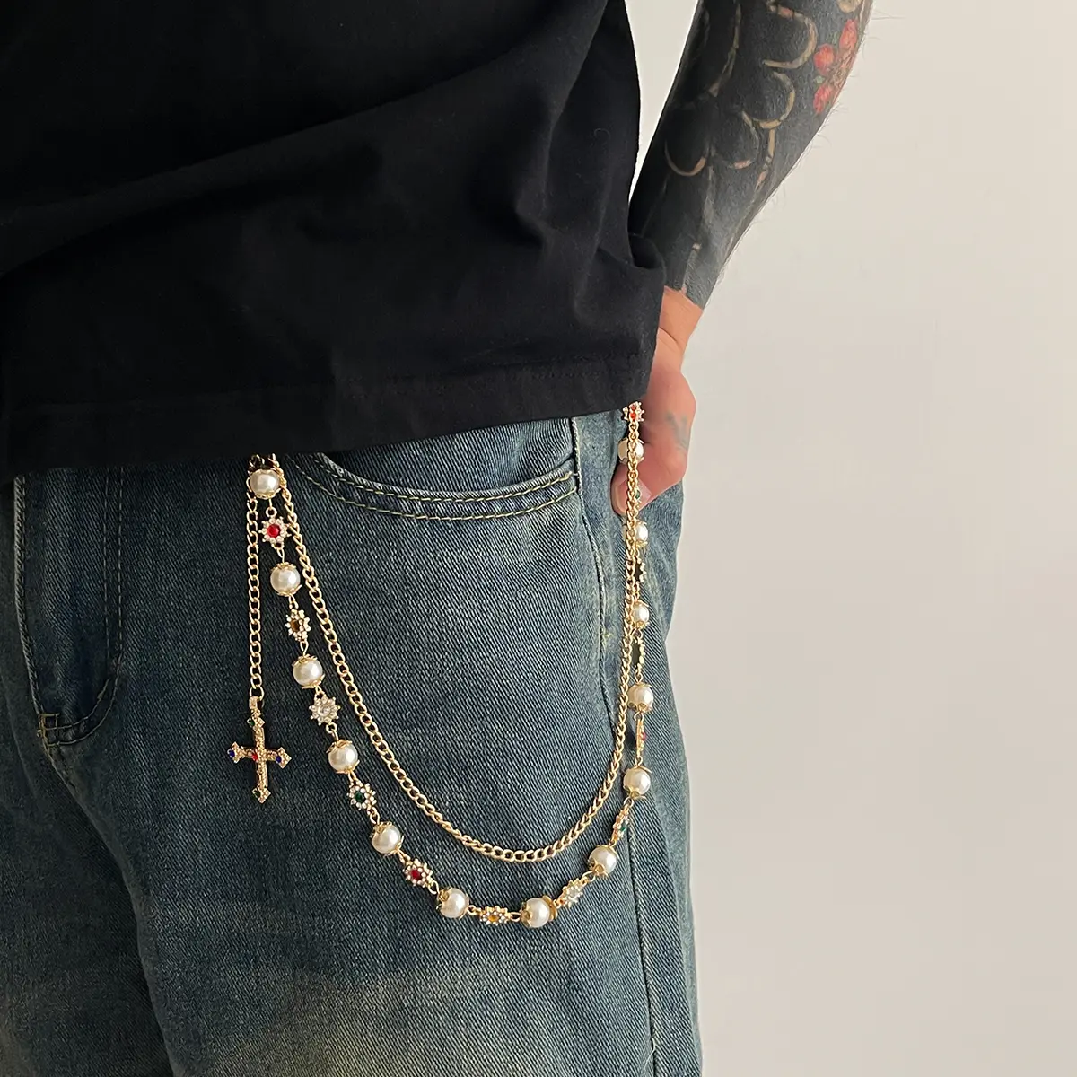 Ingemark Punk Cross Jesus Pendant Keychains for Men Rock Goth Pants Waist Belt Wallet Bag Chain Jeans Pants Male Jewerly Grunge