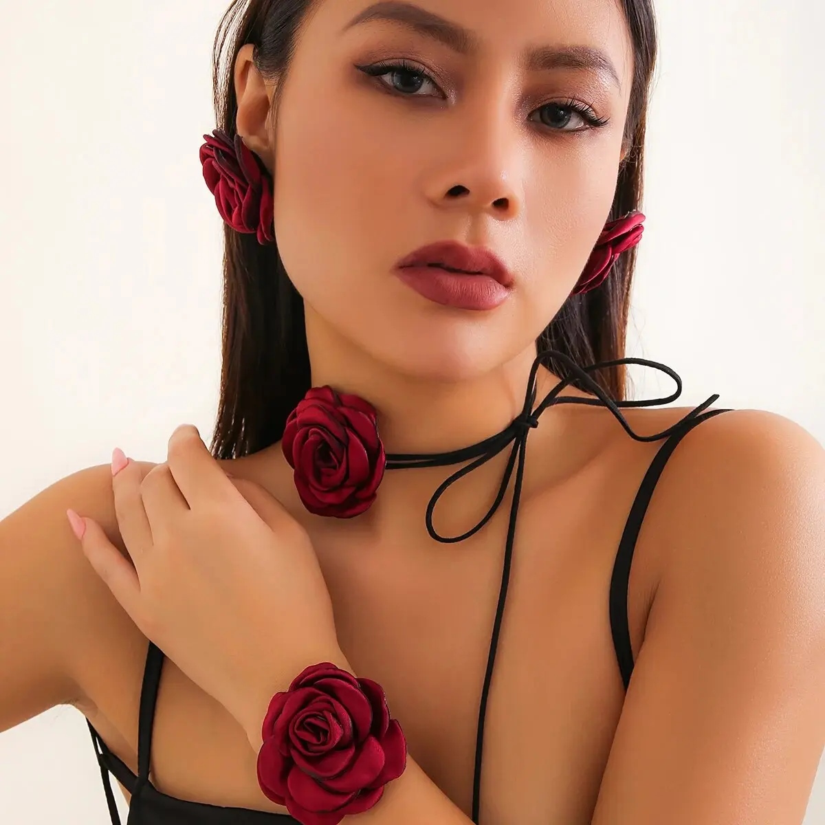 Romantic Kpop Big Rose Flower Clavicle Chain Necklace Bracelet Stud Earrings Women Goth Adjustable Rope Choker Y2K Jewelry Set