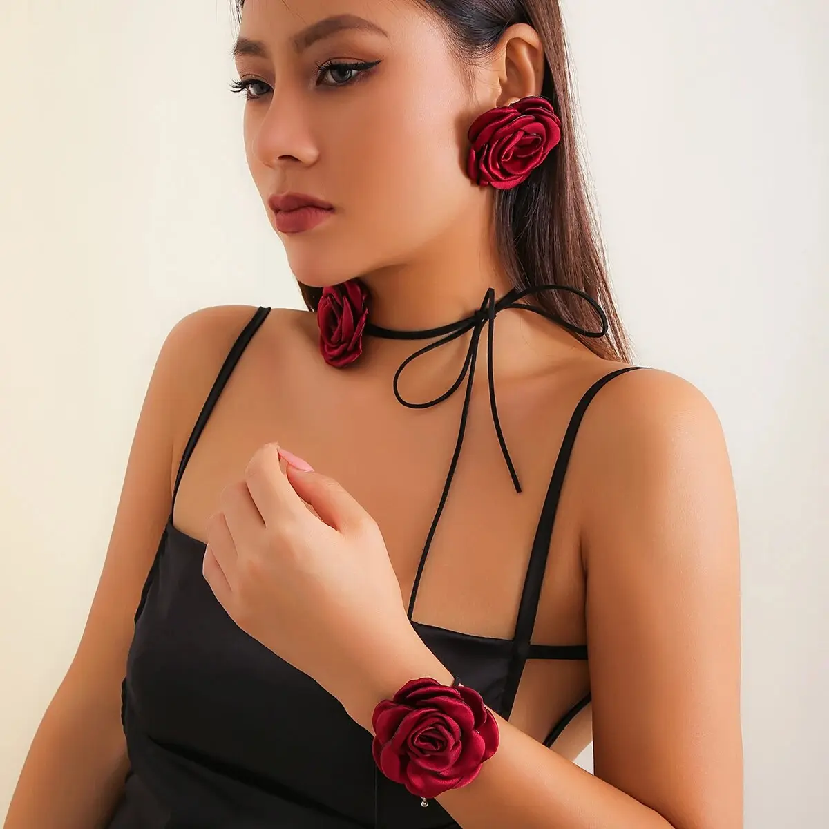 Romantic Kpop Big Rose Flower Clavicle Chain Necklace Bracelet Stud Earrings Women Goth Adjustable Rope Choker Y2K Jewelry Set