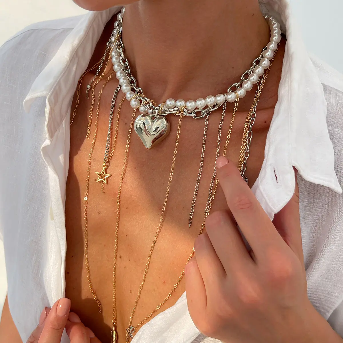 Ingemark Multilayer Love Heart Star Tassel Pendant Choker Necklace for Women Vintage Imitation Pearl Beads Chain Neck Jewelry