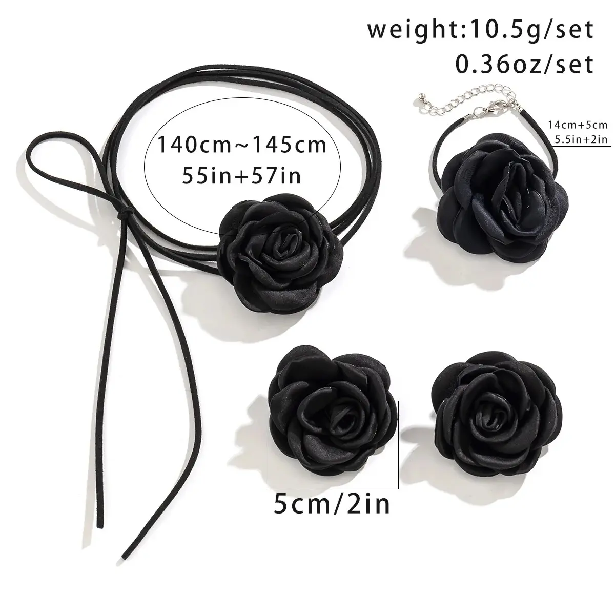 Romantic Kpop Big Rose Flower Clavicle Chain Necklace Bracelet Stud Earrings Women Goth Adjustable Rope Choker Y2K Jewelry Set
