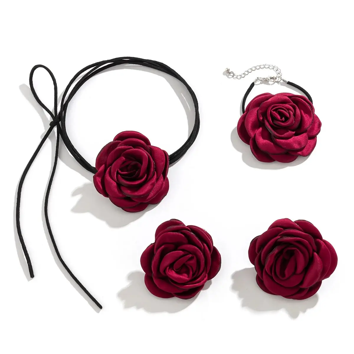 Romantic Kpop Big Rose Flower Clavicle Chain Necklace Bracelet Stud Earrings Women Goth Adjustable Rope Choker Y2K Jewelry Set