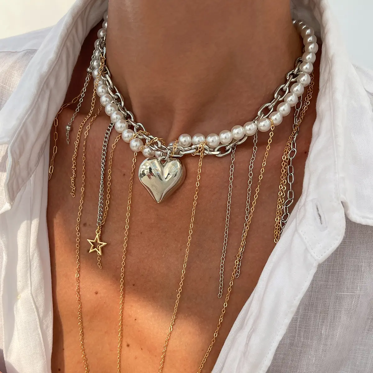 Ingemark Multilayer Love Heart Star Tassel Pendant Choker Necklace for Women Vintage Imitation Pearl Beads Chain Neck Jewelry