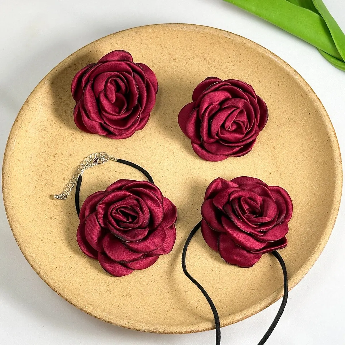 Romantic Kpop Big Rose Flower Clavicle Chain Necklace Bracelet Stud Earrings Women Goth Adjustable Rope Choker Y2K Jewelry Set