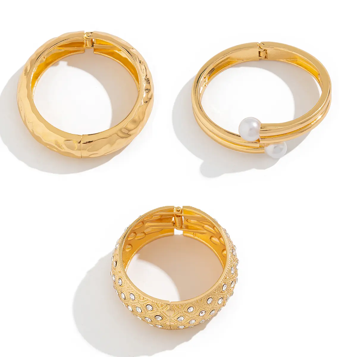 Ingemark Exaggerated Fashion Imitation Pearls Geometric Metal Bangles Hip Hop Punk Wrap Spring Bangles For Women Men Jewelry