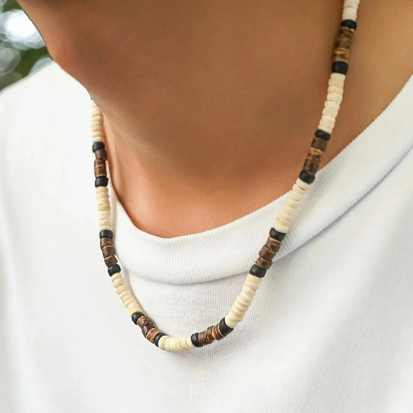 Fashion Men Summer Beach Wooden Bead Surfer Necklace Simple Geometric Tribal Ethnic Handmade Chain Steampunk Male Jewelry Gift