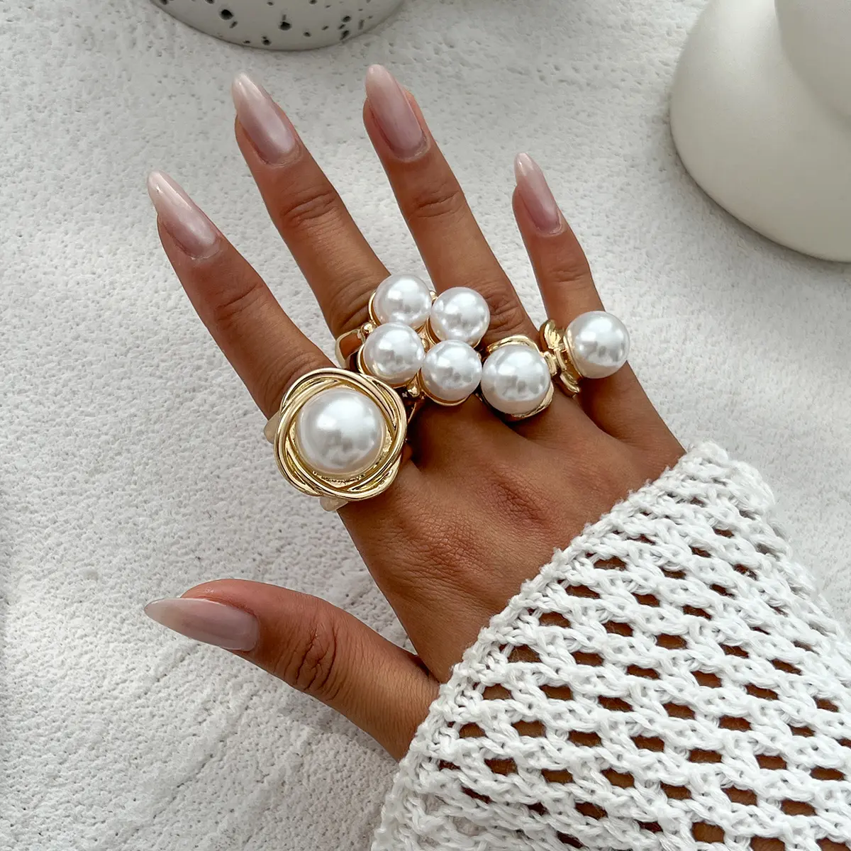 Ingemark 3Pcs/Set Elegant Imitation Pearl Open Ring for Women Wedding Bridal Creative Geometric Ring Engagement Party Jewelry