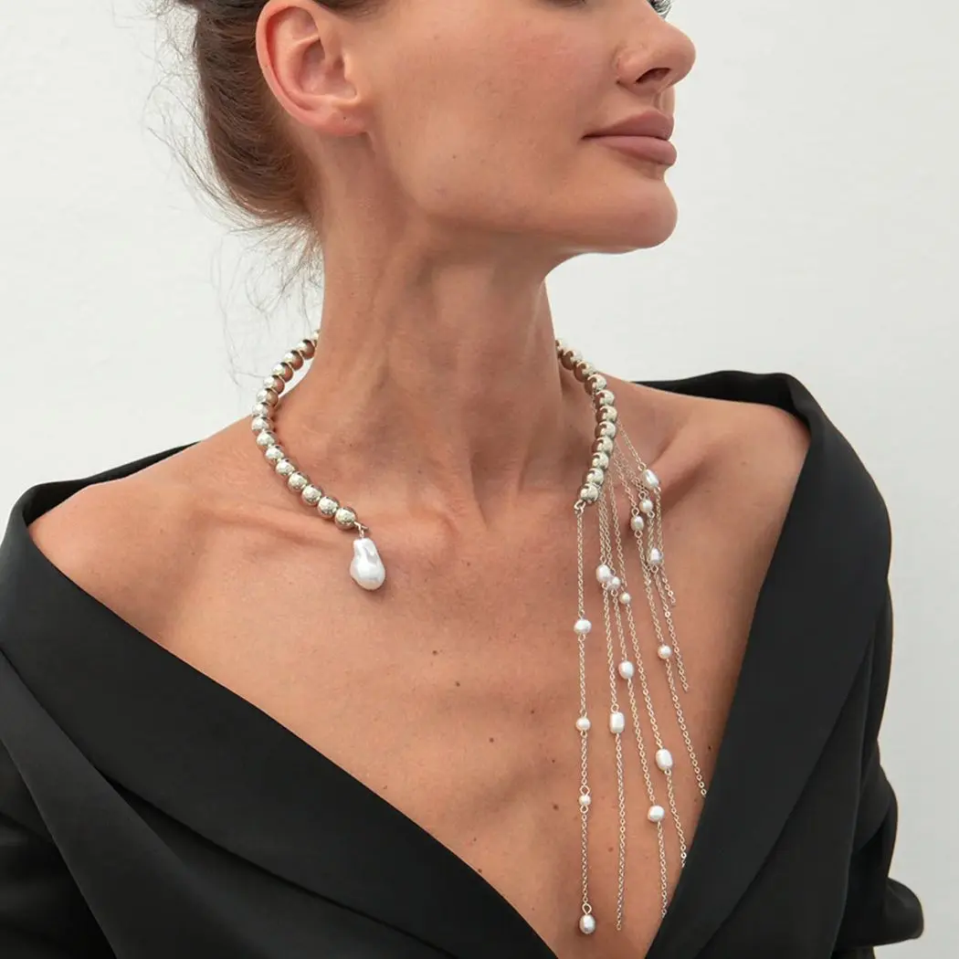 Ingemark Sexy Goth  Imitation Pearl Tassels Open Torques Choker Necklace Women Unique Trendy CCB Beads Collarbone Chain Jewelry