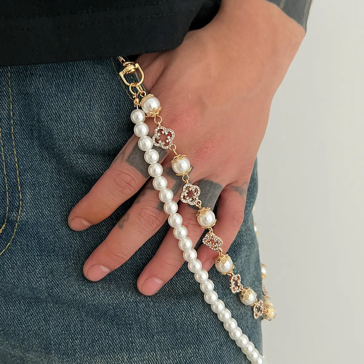 Ingemark Fashion Imitation Pearl Rhinestone Flower Jeans Pants Chain For Men Vintage Gold Color Wallet Key Chain Hip Hop Jewelry