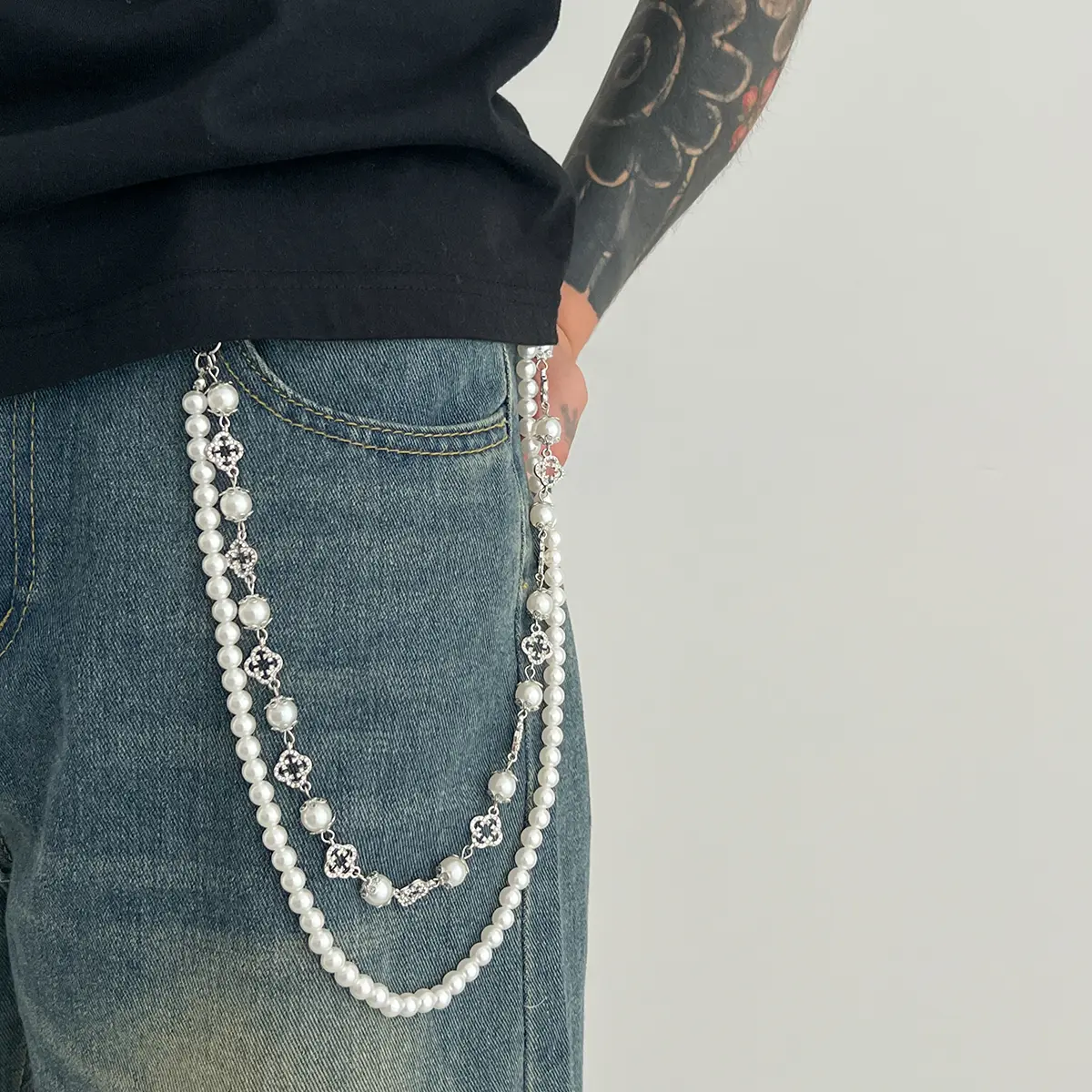 Ingemark Fashion Imitation Pearl Rhinestone Flower Jeans Pants Chain For Men Vintage Gold Color Wallet Key Chain Hip Hop Jewelry