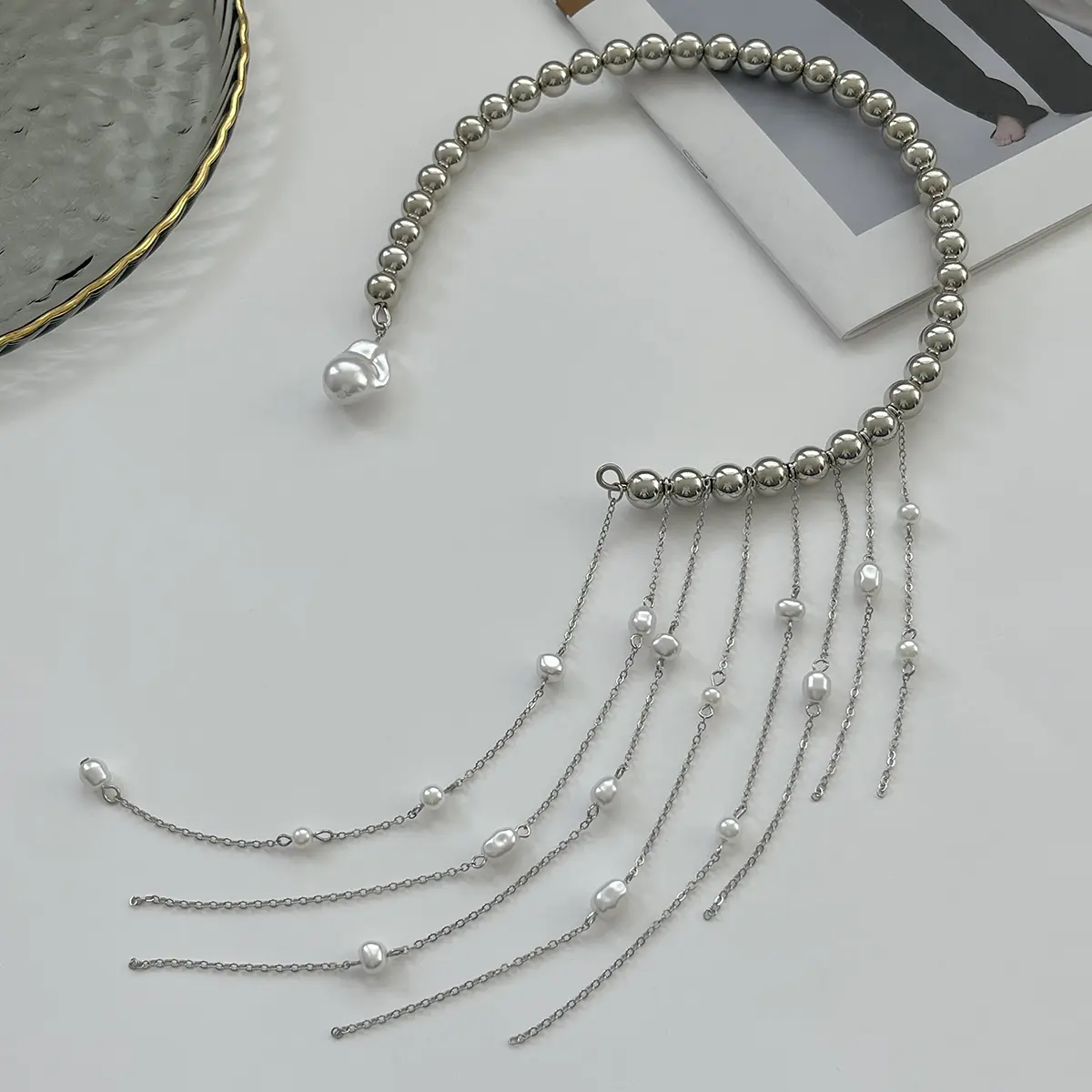 Ingemark Sexy Goth  Imitation Pearl Tassels Open Torques Choker Necklace Women Unique Trendy CCB Beads Collarbone Chain Jewelry