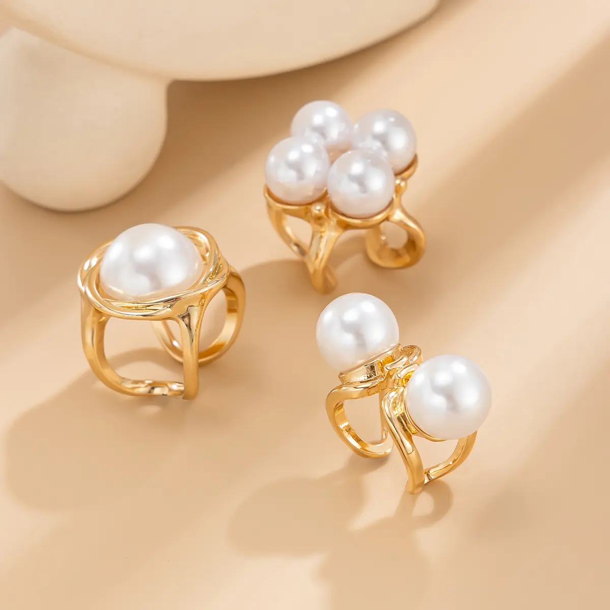 Ingemark 3Pcs/Set Elegant Imitation Pearl Open Ring for Women Wedding Bridal Creative Geometric Ring Engagement Party Jewelry