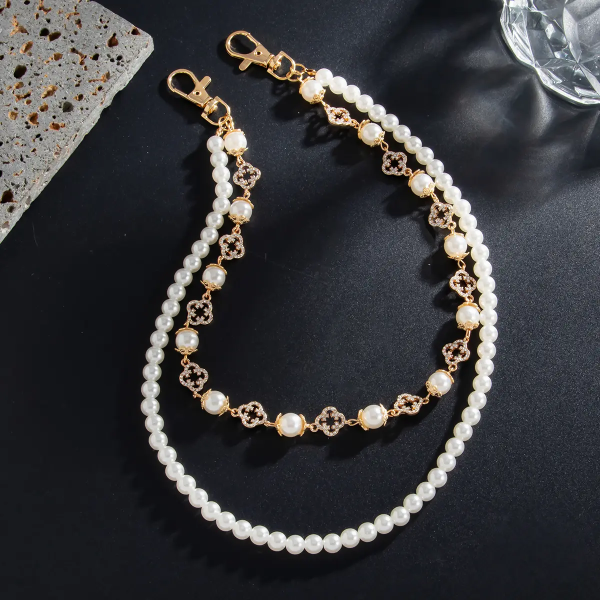 Ingemark Fashion Imitation Pearl Rhinestone Flower Jeans Pants Chain For Men Vintage Gold Color Wallet Key Chain Hip Hop Jewelry