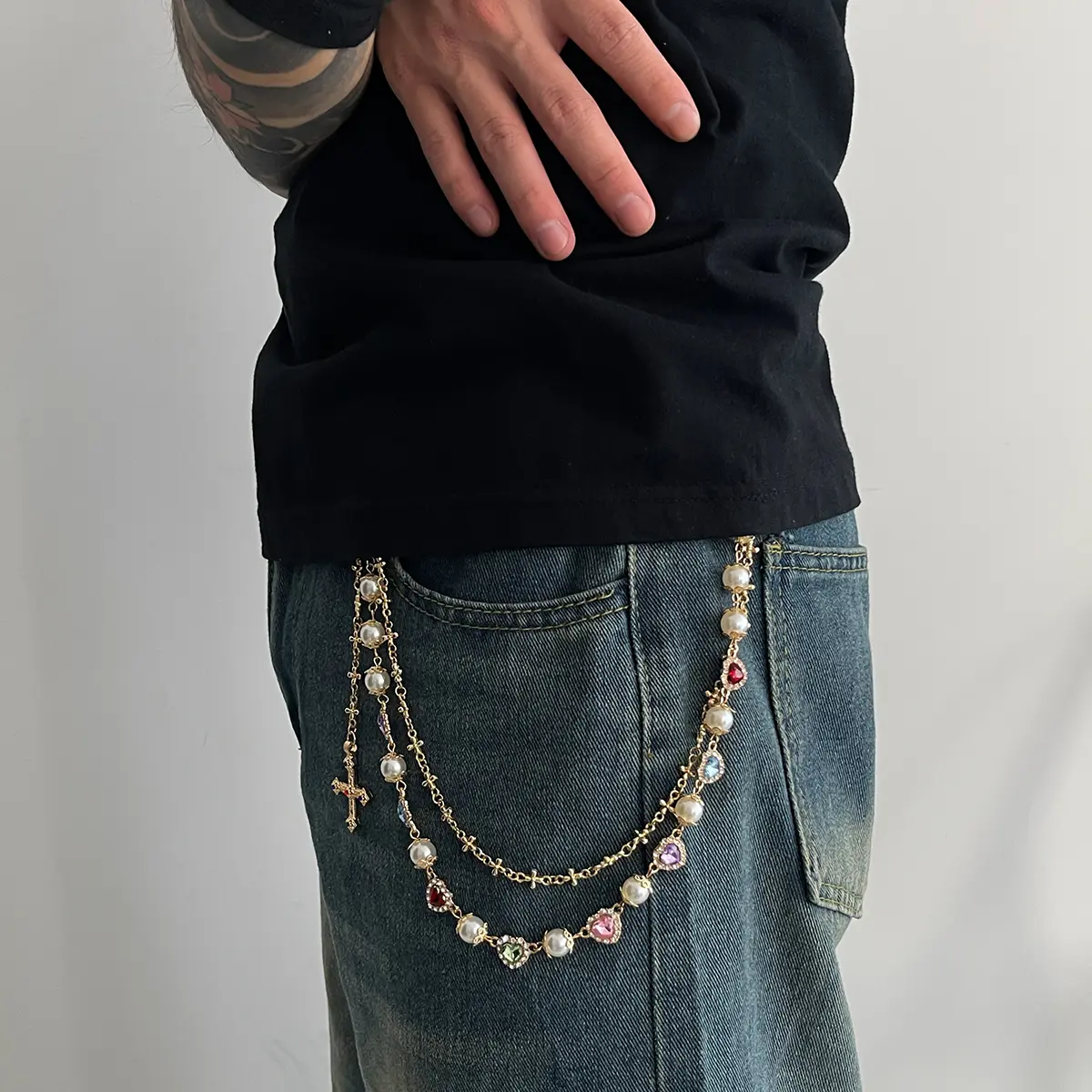 Ingemark Punk Luxury Rhinestone Love Heart Keychain Wallet Belt Chain Men Hip Hop Cross Jesus Pendant Jeans Pant Chain Jewelry