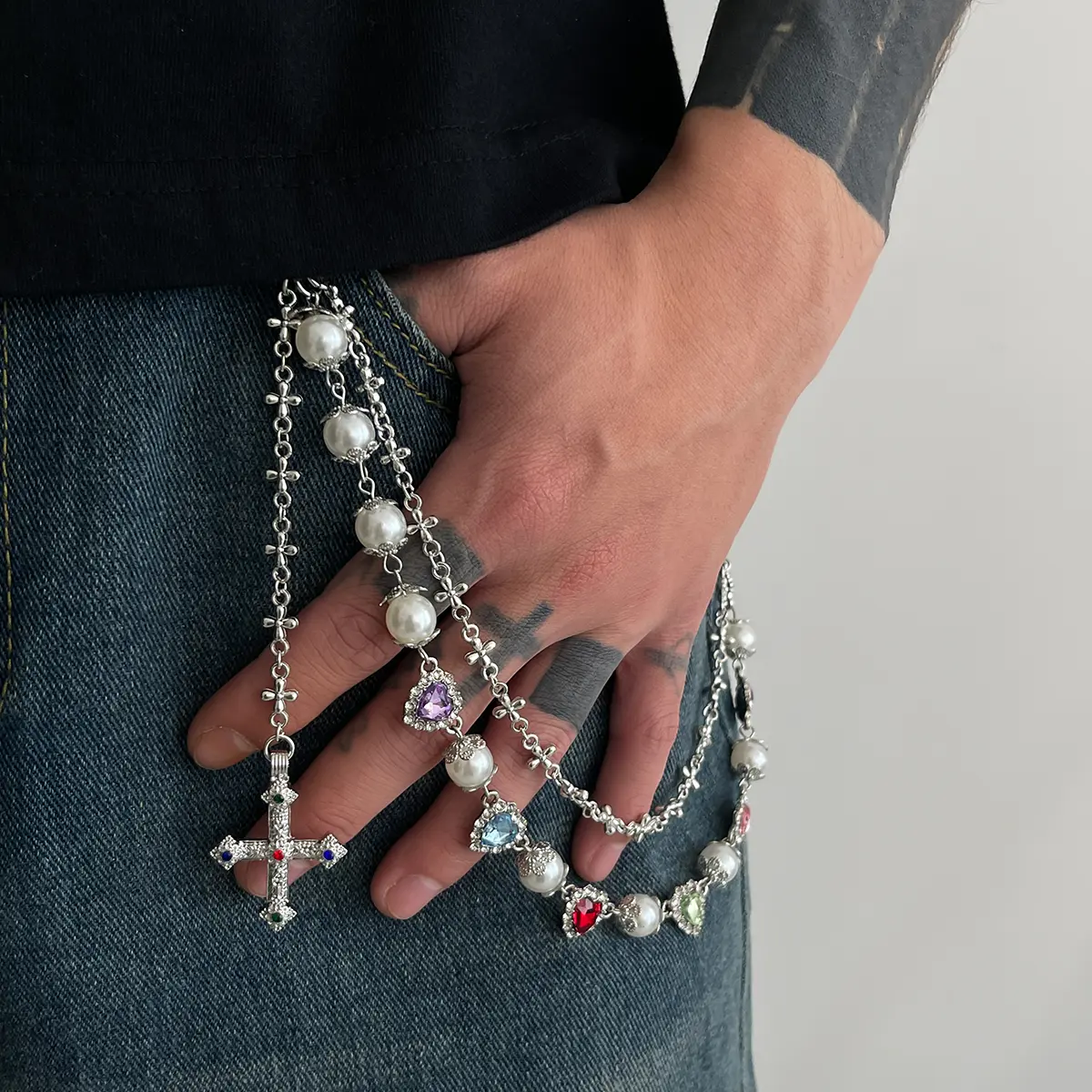 Ingemark Punk Luxury Rhinestone Love Heart Keychain Wallet Belt Chain Men Hip Hop Cross Jesus Pendant Jeans Pant Chain Jewelry