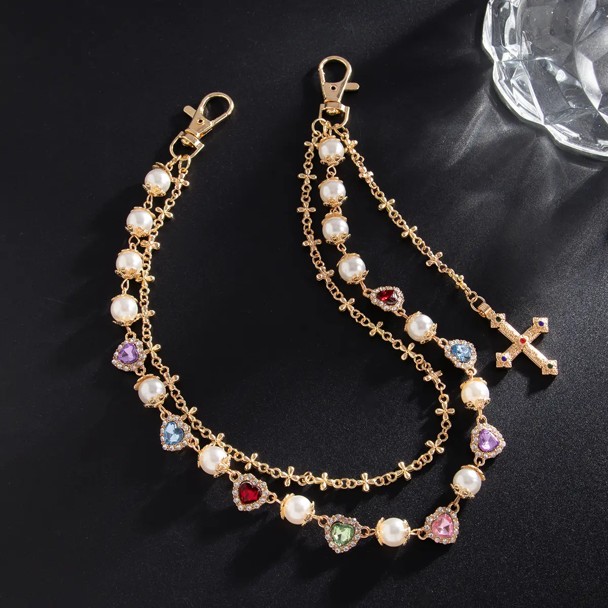 Ingemark Punk Luxury Rhinestone Love Heart Keychain Wallet Belt Chain Men Hip Hop Cross Jesus Pendant Jeans Pant Chain Jewelry