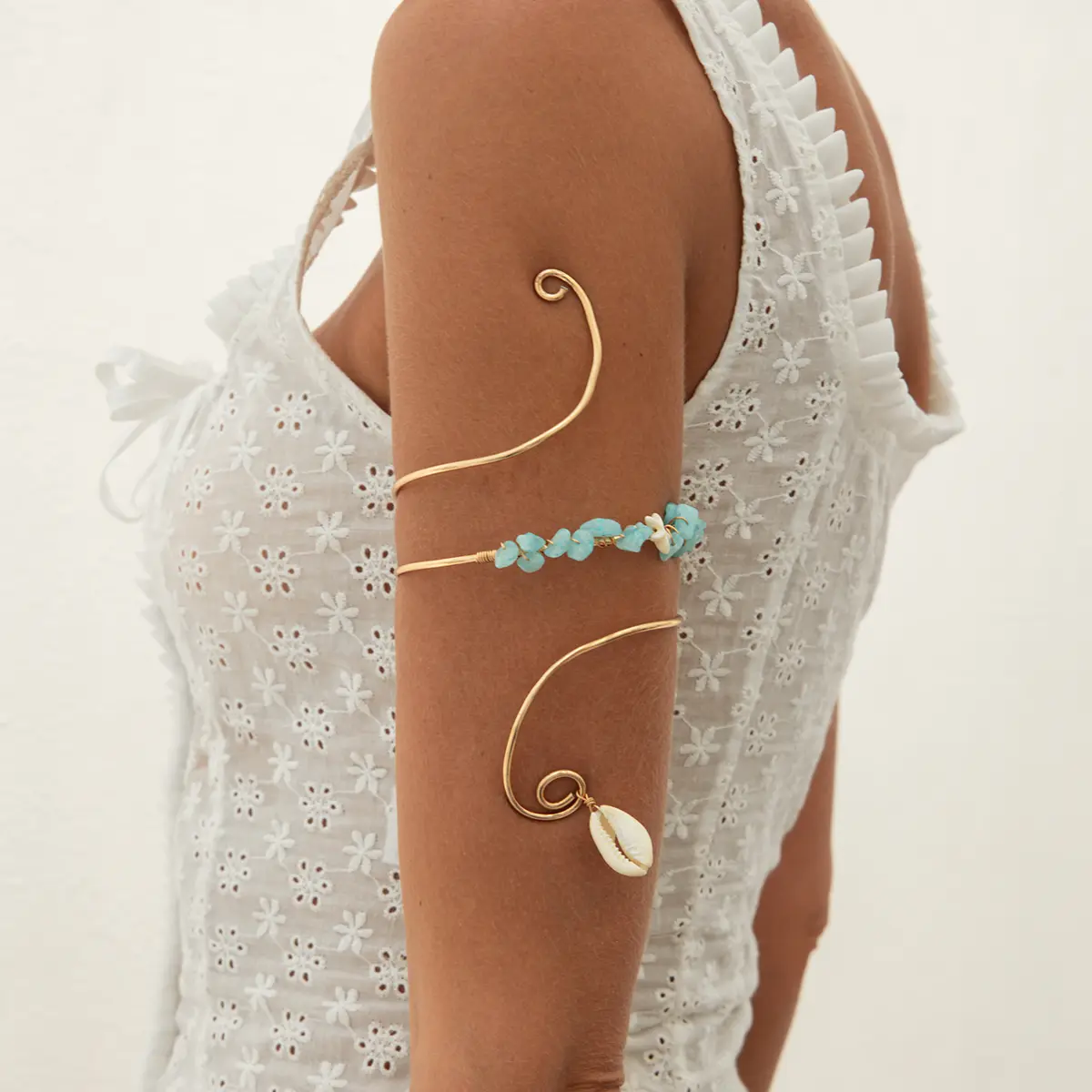 Ingemark Boho Irregular Stones Spiral Upper Arm Cuff Bangles Women Creative Conch Pendant Arm Bracelet  Aesthetic Summer Jewelry