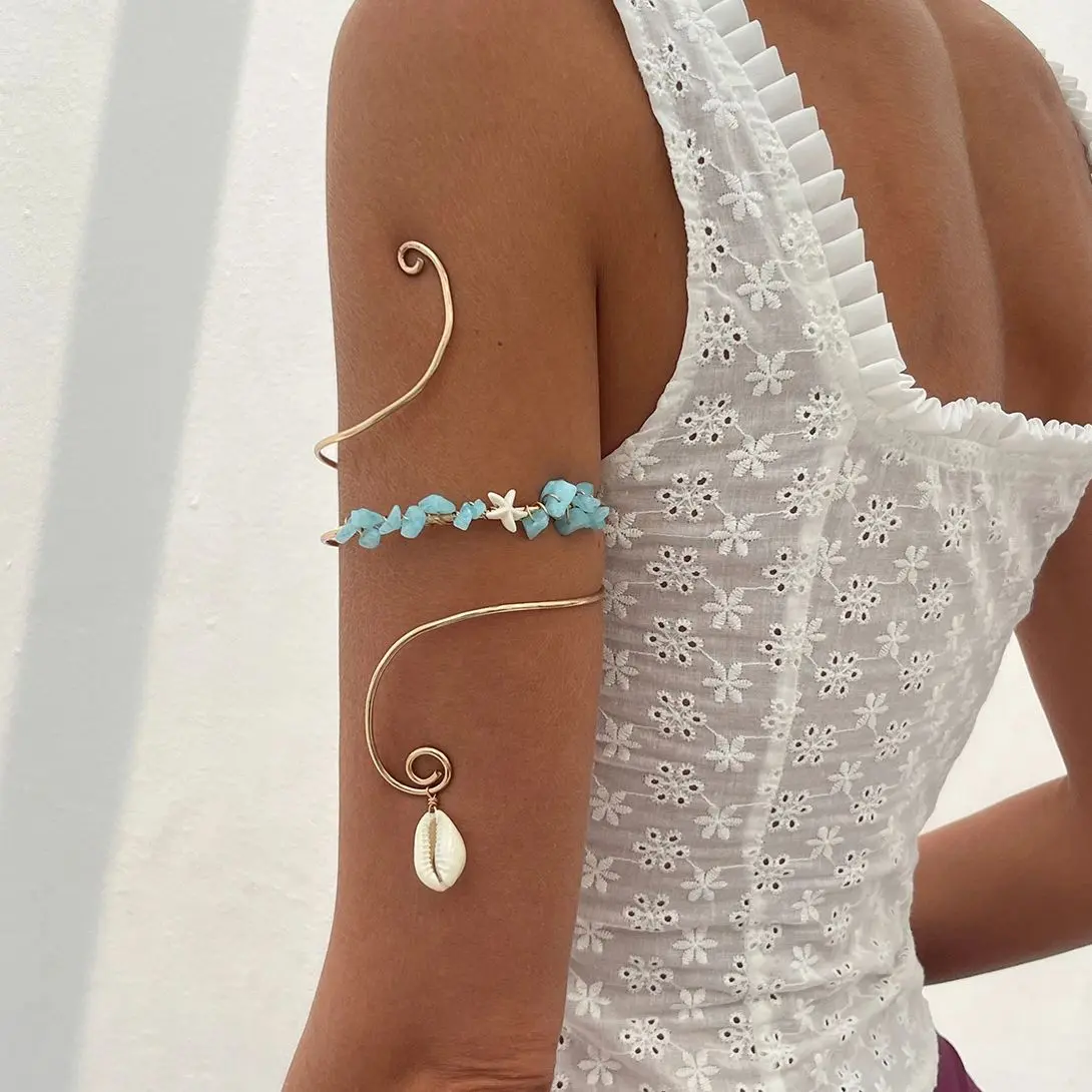 Ingemark Boho Irregular Stones Spiral Upper Arm Cuff Bangles Women Creative Conch Pendant Arm Bracelet  Aesthetic Summer Jewelry