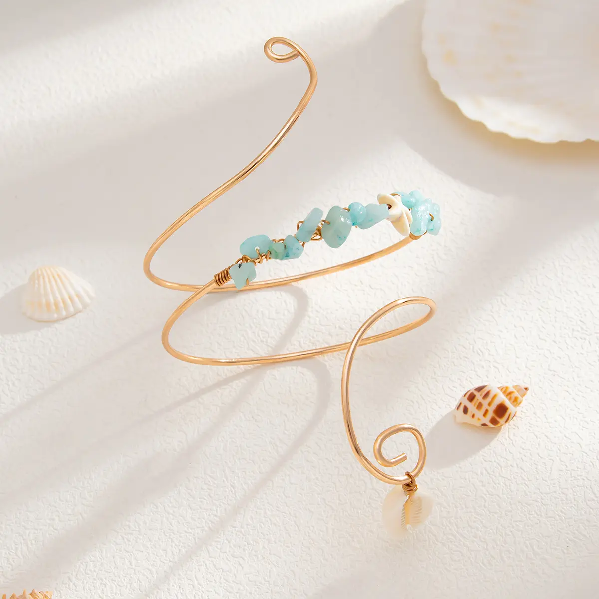 Ingemark Boho Irregular Stones Spiral Upper Arm Cuff Bangles Women Creative Conch Pendant Arm Bracelet  Aesthetic Summer Jewelry