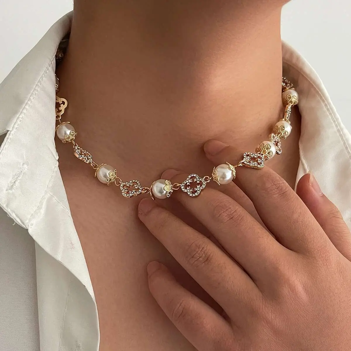 Ingemark Goth Imitation Pearl Rhinestone Choker Necklace for Men Collar Vintage Adjustable Clavicle Chain Daily Party Jewelry