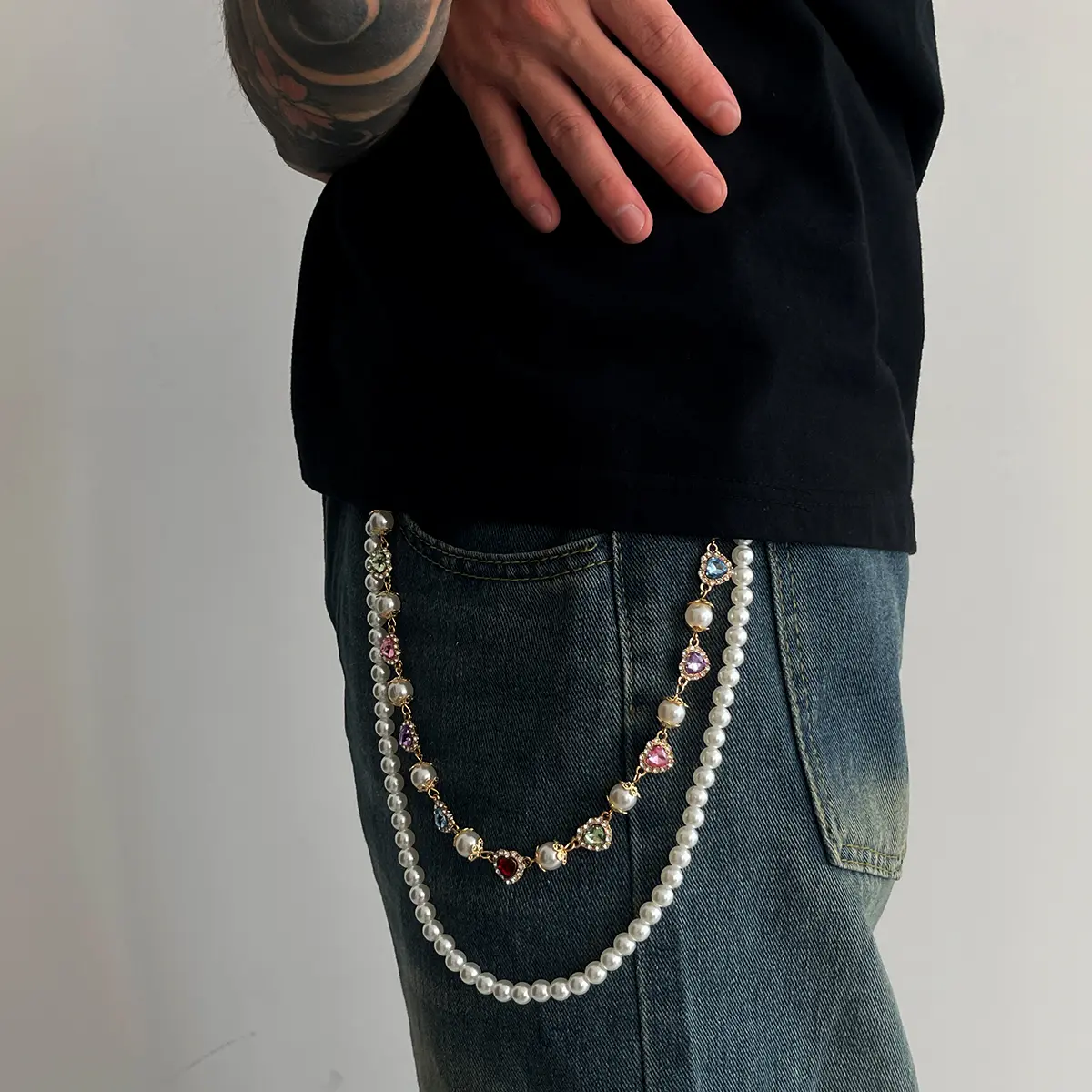 Ingemark Hip Hop Luxury Rhinestone Love Heart Keychain Wallet Belt Chain Men Trousers Hipster Pant Chain Rock Jewelry Steampunk