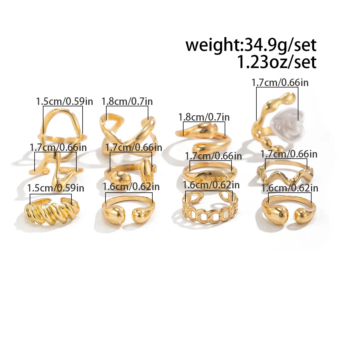 Ingemark 12Pcs/Set Vintage Metal Water Drop Open Ring for Women Trend 2025 Creative Geometric Ring Engagement Daily Jewelry Gift