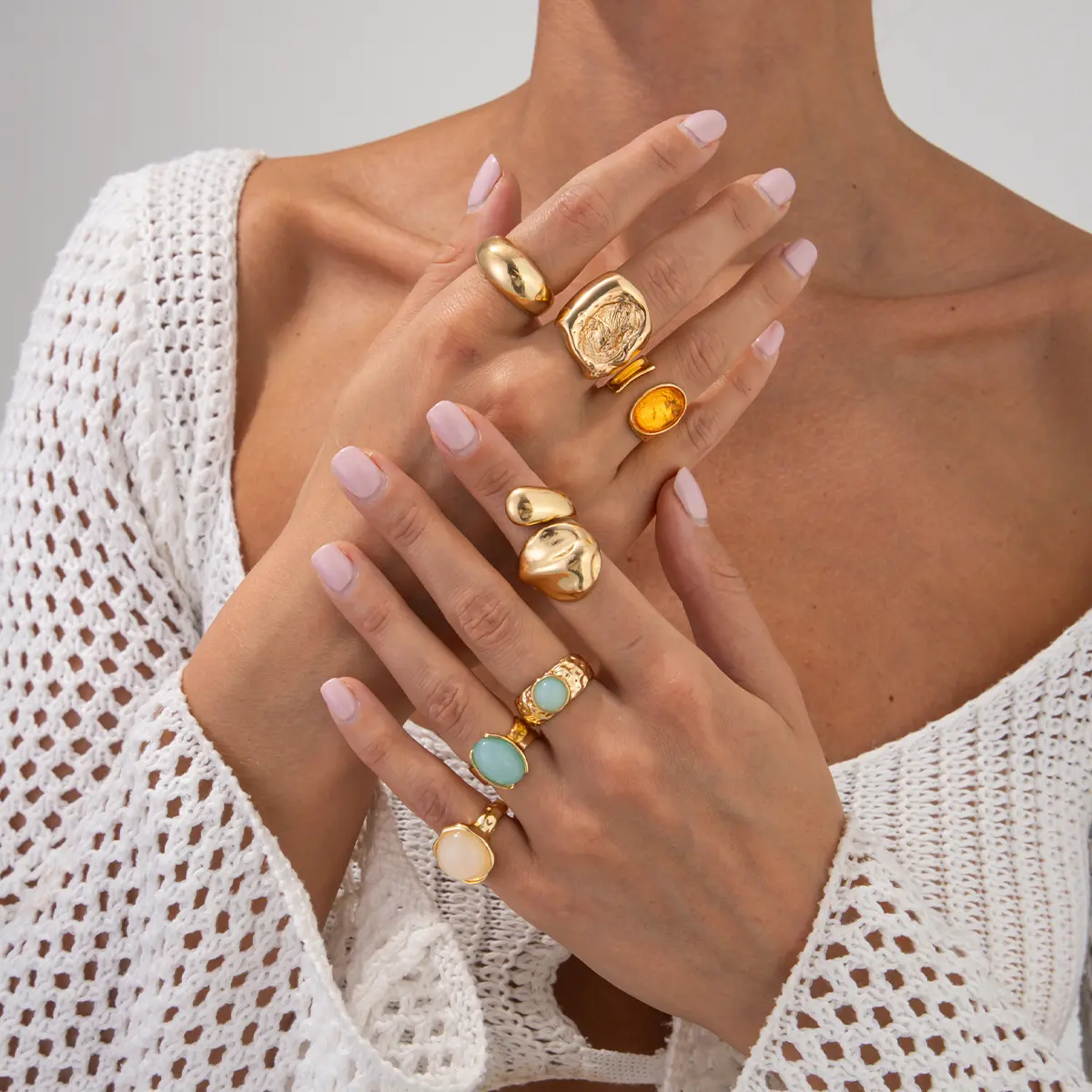 Ingemark 7Pcs/Set Luxury Gold Color Crystal Open Rings for Women Wedding Bridal Vintage Geometric Rings Trendy Finger Jewelry