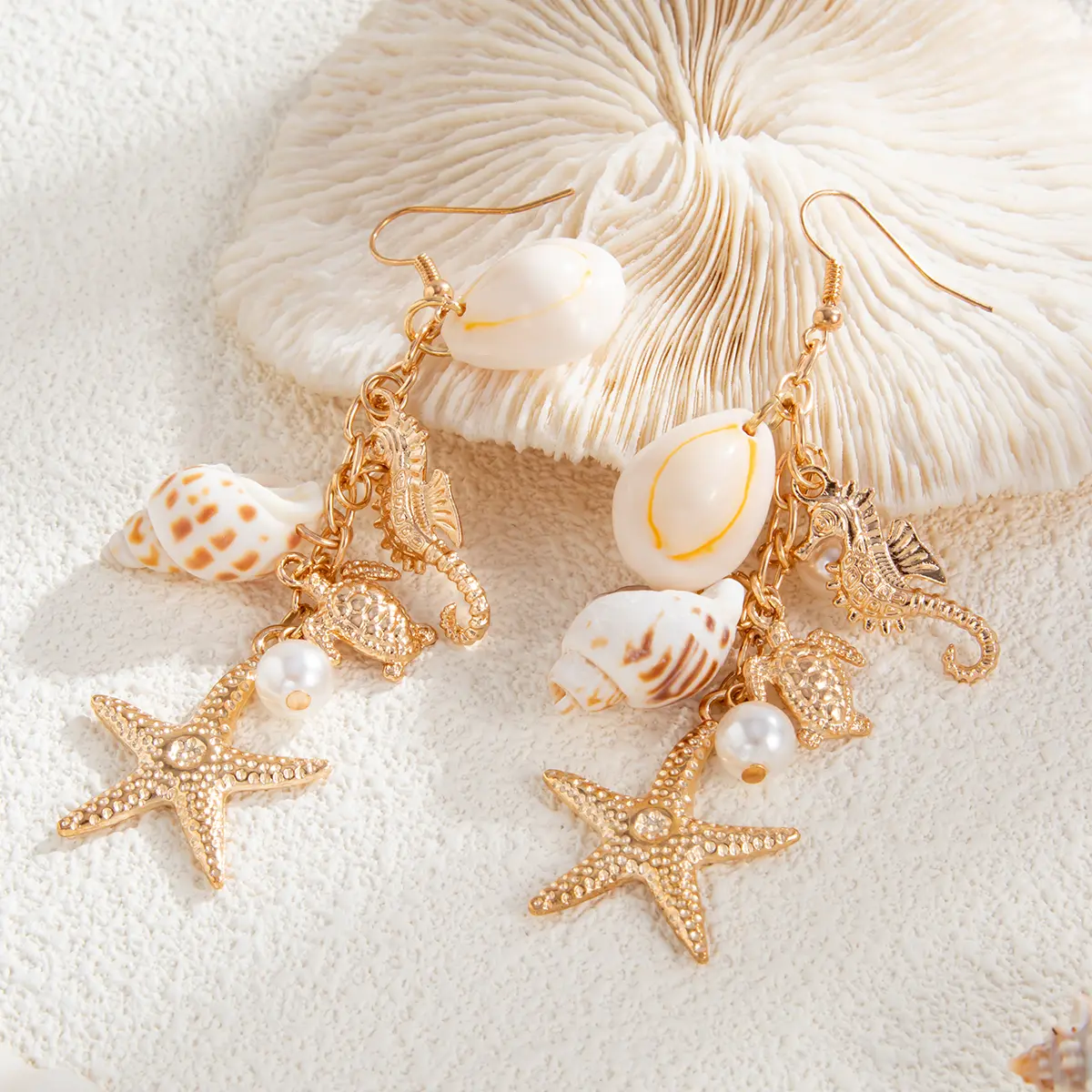 Ingemark Y2K Boho Starfish Scallop Long Tassels Drop Earrings for Women Summer Beach Piercing Hanging Earrings Wedding Jewelry