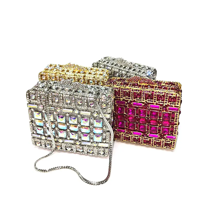 Fashion women evening party small box luxury rhinestone clutches square crystal purses Bridal wedding party purses