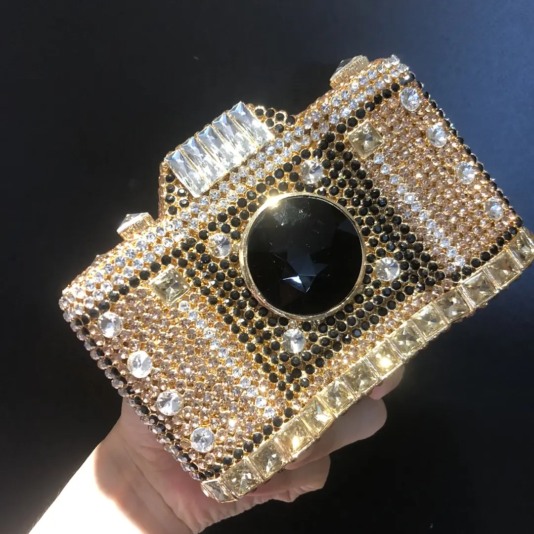 XIYUAN Lady Gold/Green Camera Rhinestones Handbag Women Stones Clutch Purse Long Chain Shoulder Bags Female Metal Evening Purses