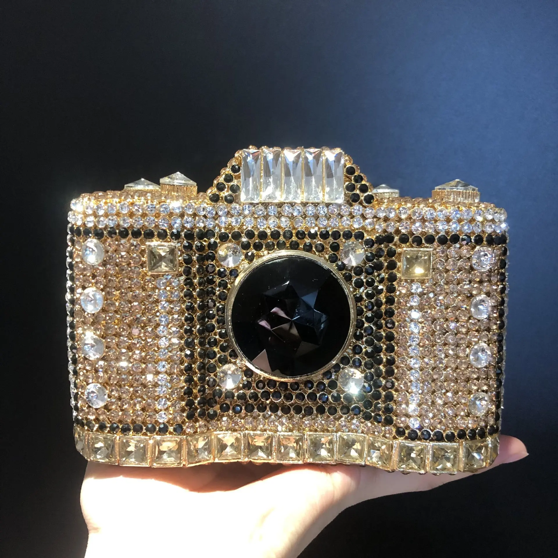 XIYUAN Lady Gold/Green Camera Rhinestones Handbag Women Stones Clutch Purse Long Chain Shoulder Bags Female Metal Evening Purses