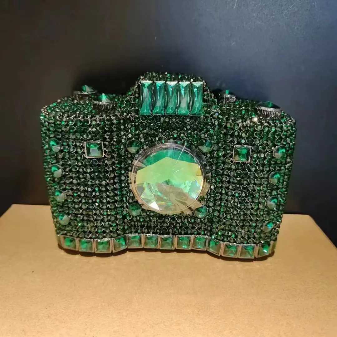 XIYUAN Lady Gold/Green Camera Rhinestones Handbag Women Stones Clutch Purse Long Chain Shoulder Bags Female Metal Evening Purses