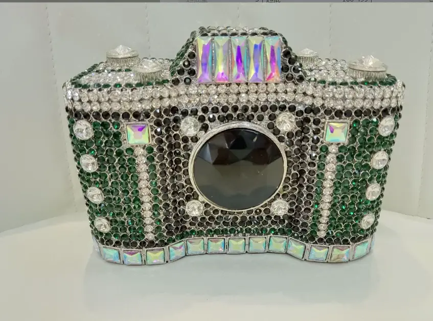 XIYUAN Lady Gold/Green Camera Rhinestones Handbag Women Stones Clutch Purse Long Chain Shoulder Bags Female Metal Evening Purses