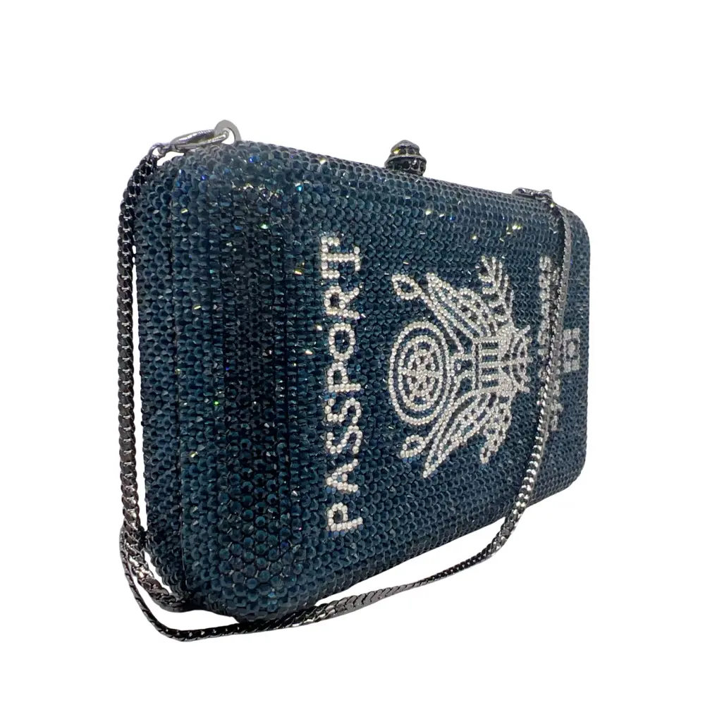 XIYUAN Passport Crystals Clutch Women Dark Blue Rhinestone Evening Bag Full Diamonds Party Purse Elegant Wedding Bridal Handbags