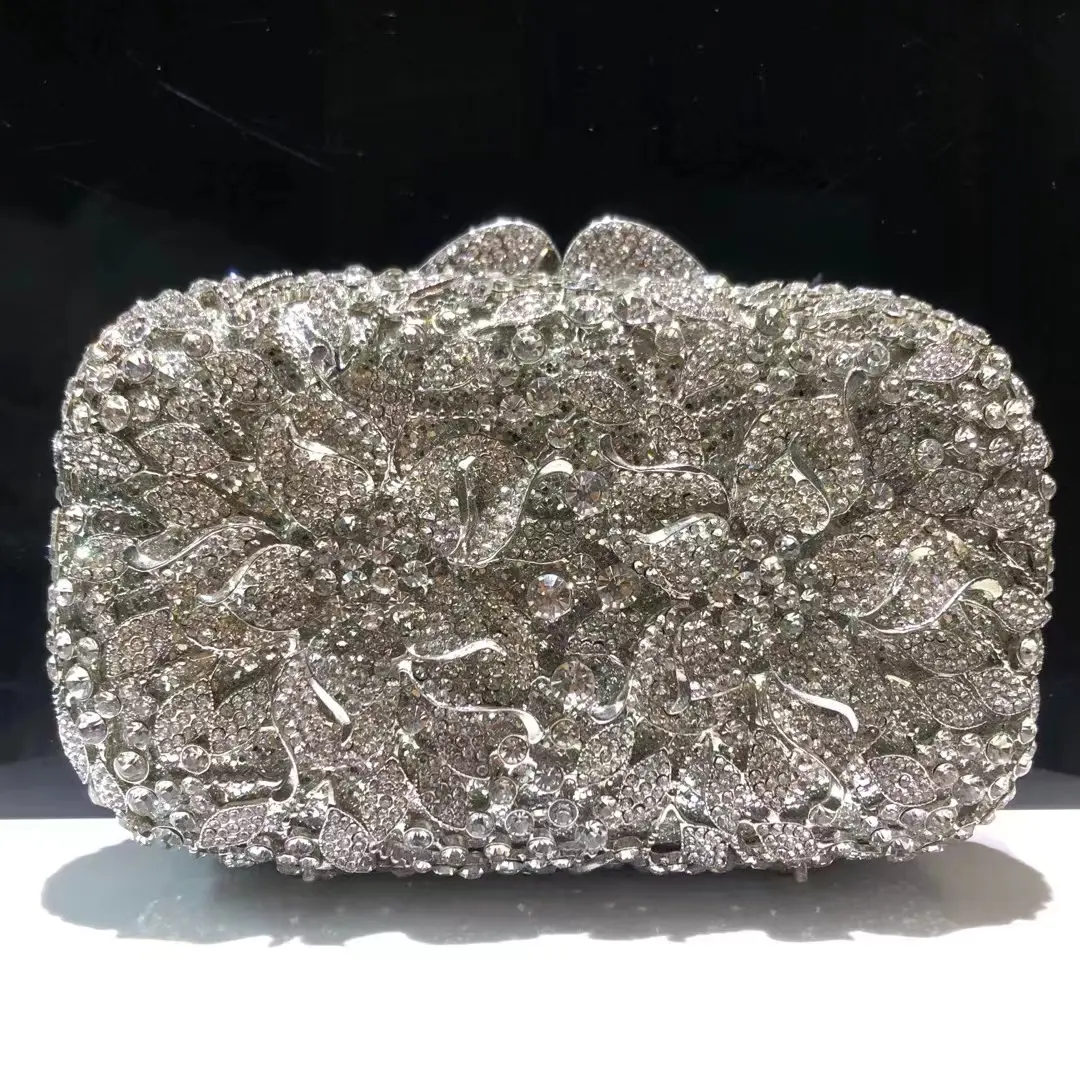 Dazzling Women Silver Stone Clutch Purse Lady Evening Bags Wedding Cocktail Crystal Purses and Handbags Bridal Minaudiere Bag