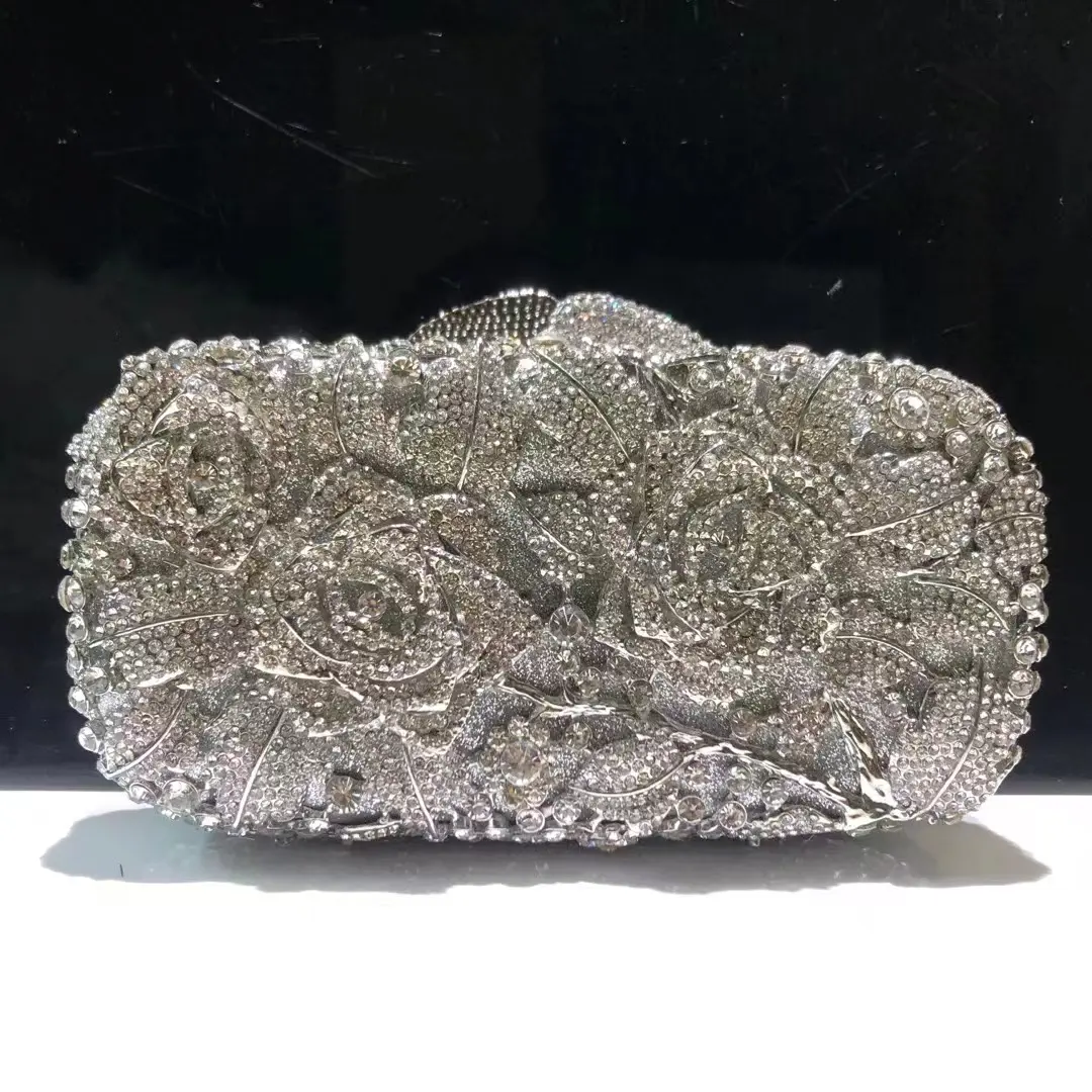 Dazzling Women Silver Stone Clutch Purse Lady Evening Bags Wedding Cocktail Crystal Purses and Handbags Bridal Minaudiere Bag