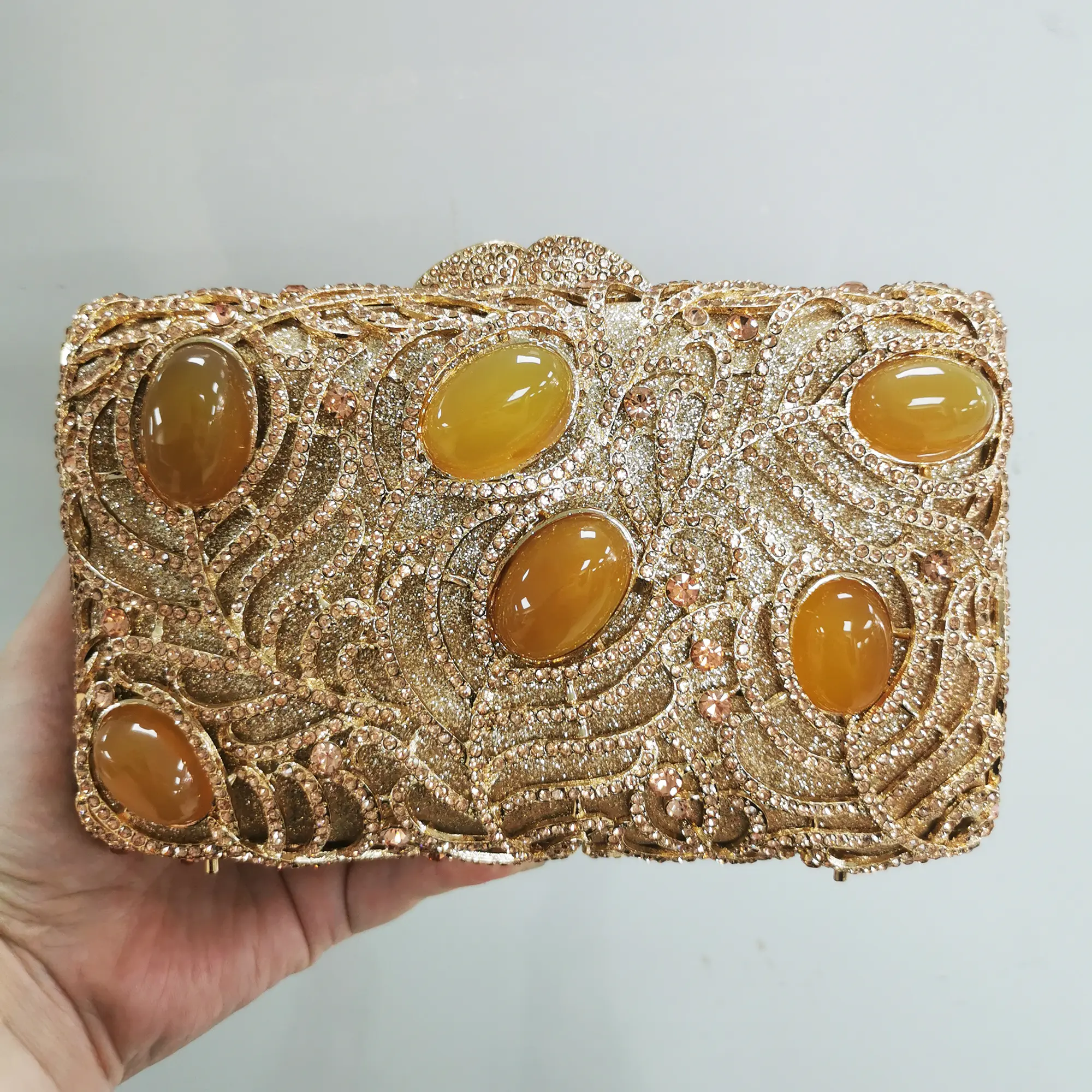 Golden Crystal Women Evening Bags Big Stones Clutch Bag Wedding Bridal Metal Minaudiere Handbags and Purses Ladies Party Clutch
