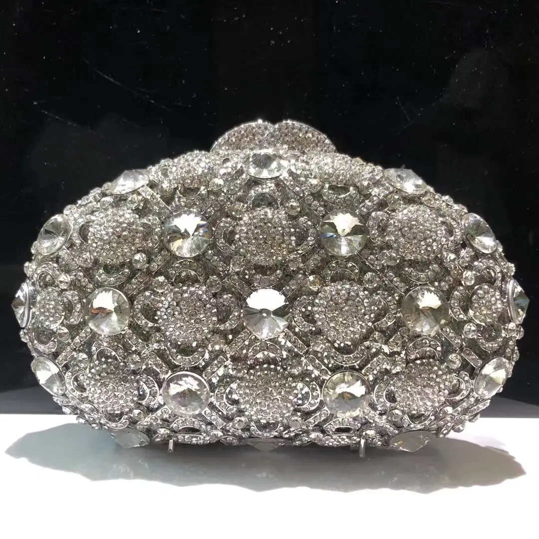 Dazzling Women Silver Stone Clutch Purse Lady Evening Bags Wedding Cocktail Crystal Purses and Handbags Bridal Minaudiere Bag