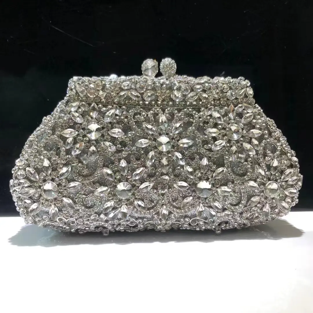 Dazzling Women Silver Stone Clutch Purse Lady Evening Bags Wedding Cocktail Crystal Purses and Handbags Bridal Minaudiere Bag